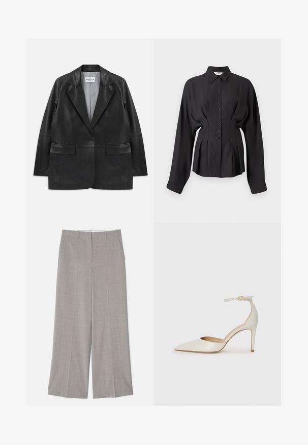 Sort læderblazer med slagkraver, enkelt knaplukning, klaffelommer og stribet inderfor.; Sort langærmet skjorte i et glat stof, med knaplukning foran, buet kant og rynkede detaljer i taljen for en skræddersyet pasform.; Lys grå, vide bukser i et glat, tekstureret stof. Funktioner omfatter sidelommer og en skræddersyet pasform med en lige skæring.; Hvide læder højhælede sko med spids tå, ankelrem og en slank stiletto-hæl. Glat tekstur med subtilt glansfuld finish.