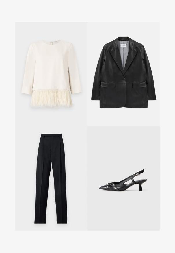 Schwarze Lederblazer mit Reverskragen, Einzelknopfverschluss, Klappentaschen und gestreifter Innenauskleidung.; Langärmliges Oberteil in Creme mit einem weichen, strukturierten Kunstfellsaum. Runder Ausschnitt mit einem Reißverschluss im Rücken. Glatte Stoffoberfläche oben und flauschiger Saum darunter.; Schwarze Hosen aus glattem Stoff mit hoher Taille, weitem Bein, vorderen Falten und klassischen Gürtelschlaufen. Keine sichtbaren Seitentaschen.; Schwarzer Leder-Slingback-Schuh mit spitz zulaufender Zehenpartie, dekorativen Riemen mit METALLÖSEN und niedrigem Blockabsatz. Strukturelle Oberfläche.