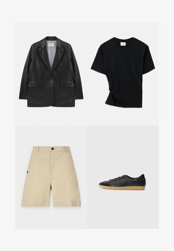 Black leather blazer with notch lapels, single button closure, flap pockets, and striped inner lining.; Black t-shirt made of soft cotton, featuring a crew neckline, short sleeves, and a slightly twisted design for a relaxed fit.; Beige cotton shorts featuring a regular fit, button closure, side pockets, and subtle stitching details. Smooth texture and knee-length design.; Black leather sneaker with suede accents, round toe, gum rubber sole, flat laces, and stitched detailing. Features brand logo on heel.