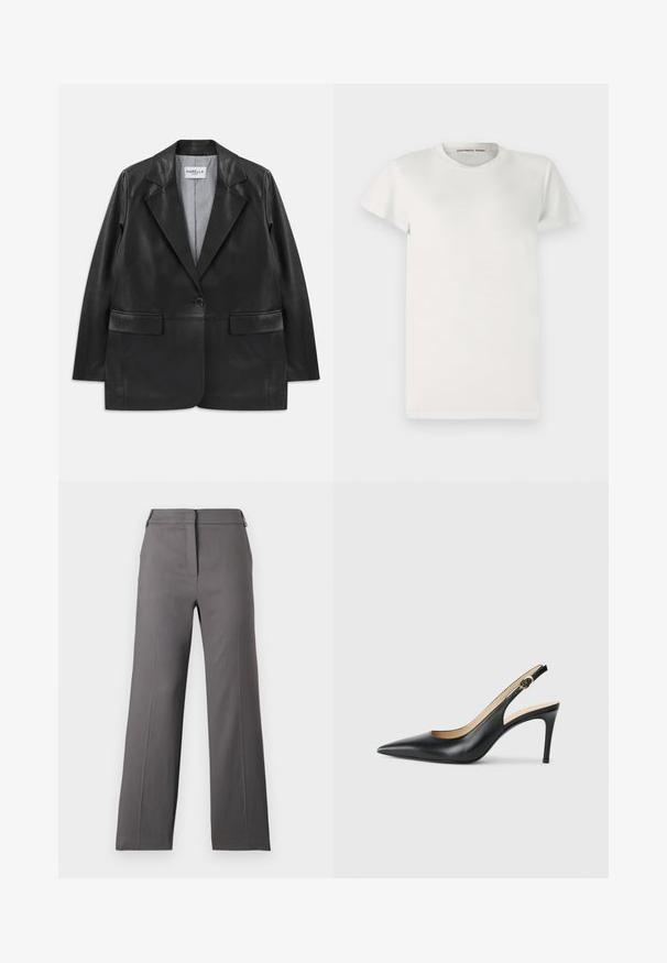 Sort læderblazer med slagkraver, enkelt knaplukning, klaffelommer og stribet inderfor.; Hvid kortærmet t-shirt lavet af bomuld med rund halsudskæring og enkel snit. Der er tags med "DESIGNERS REMIX" indeni kraven.; Grå bukser med bred ben, fremstillet i et glat materiale, med flad front, lynlås lukning og minimal udsmykning. Skræddersyet til en afslappet pasform.; Sorte læder slingback højhælede sko med spids tå, justerbar rem og en slank stiletto hæl, der har en glat finish.