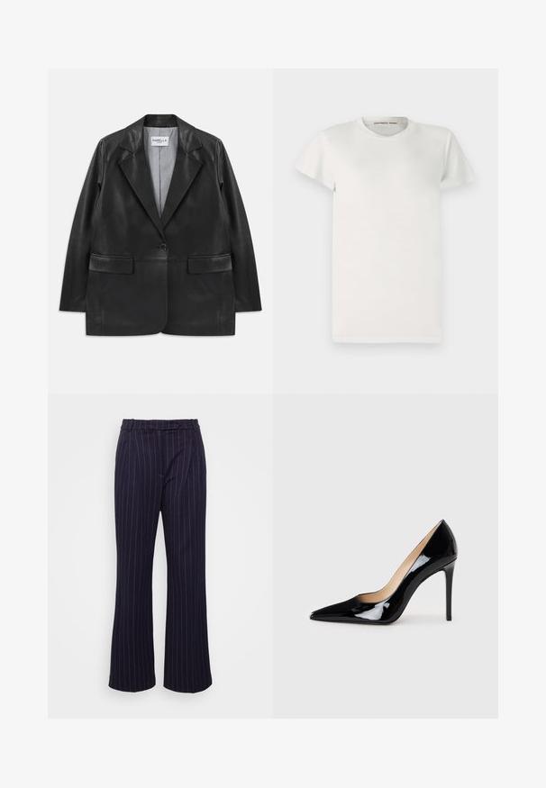 Fekete bőr blézer, élkivágással, egygombos záródással, hajtott zsebekkel és csíkos bélésével.; Fehér, rövid ujjú póló, pamutból készült, kerek nyakkivágással és egyszerű szabással. A címkék a nyakán belül "DESIGNERS REMIX" felirattal találhatók.; DESIGNERS REMIX ZOE PANTS - Nadrágok - navy/white; Fekete lakkbőr magas sarkú pumpa hegyes orral és elegáns sziluettel. Simább, fényes felülettel és karcsú tűsarokkal rendelkezik.