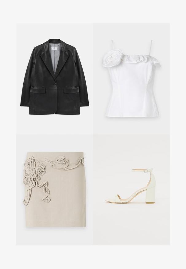Črni usnjeni blazer z izrezanimi reverji, enojnim gumbom, žepi s poklopcem in črtastim notranjim podlogom.; Bela brezrokavnik s čipkastim ovratnikom in velikim okrasnim cvetnim poudarkom na eni strani; gladka tekstura, oprijet dizajn.; Béžová lanená sukňa s textúrovanými aplikáciami z látkových ružičiek a prepletaním stužiek pre trojrozmerný vzhľad. Hladký povrch.; Bela usnjena sandala z blok peto, ki ima zanko okoli gležnja s sponko in minimalističen dizajn. Odkrit prst in gladke teksture po vsej površini.