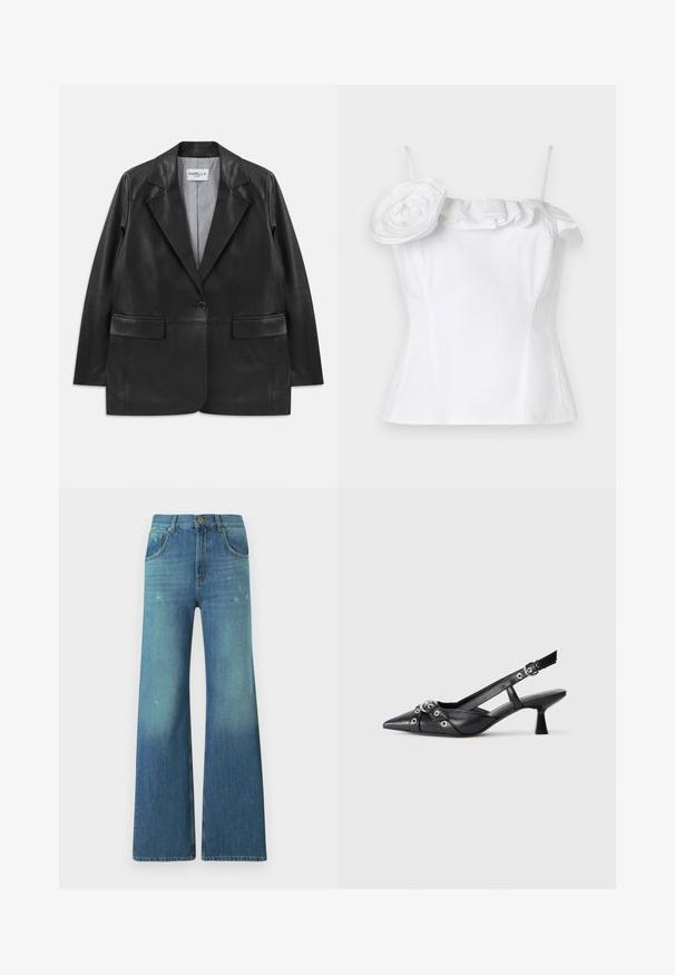 Juodas odinis bleizeris su įpjovomis apykaklėmis, vienu mygtuku, kišenėmis su atvartais ir juostuotais pamušalu viduje.; Balta be rankovių palaidinė su volaniniu apykaklės kraštu ir didele dekoratyvine gėlės akcentu vienoje pusėje; lygi tekstūra, prigludęs dizainas.; Plati mėlynos džinsinės kelnės su šviesiu plovimu, su penkių kišenių dizainu, užtrauktuku ir variniu mygtuku juosmens srityje.; Juodas odinis slingback tipo batai su smailiu priekiniu atvartu, dekoratyvinėmis sagtimis su metaliniais akyčiais ir žemu blokiniu kulnu. Saldus paviršius.