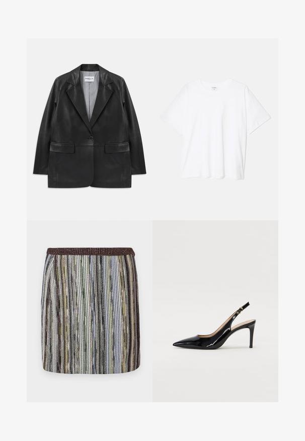 Must musta jope, millel on notch-lapellid, ühe nupuga kinnis, klapp-taskud ja triibuline sisetasku.; Valge puuvillane T-särk lühikeste varrukatega, ümmargune kaelus, mugav lõige ja õmmeldud serv. Silt nähtav kaela seest.; Lühike, keha toetav seelik, millel on mitmevärvilised vertikaalsed triibud rohelise, musta ja pruunika varjundiga, ning tekstureeritud elastne vöökoht.; Must hõbedavärvi patendiga slingback kontsakingad terava varbaga, kitsas konts ja peene lõikega disain. Statistika on kuldne pandla rihmal.