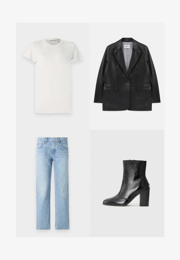 Schwarze Lederblazer mit Reverskragen, Einzelknopfverschluss, Klappentaschen und gestreifter Innenauskleidung.; Weißes T-Shirt mit kurzen Ärmeln aus Baumwolle, runder Ausschnitt und einfacher Schnittführung. Die Etiketten zeigen "DESIGNERS REMIX" auf der Innenseite des Kragens.; Helleblaue Jeans aus Denim mit geradem Schnitt, fünf Taschen, Knopf- und Reißverschluss sowie einem leicht ausgewaschenen Finish.; Schwarze Leder-Stiefelette mit glatter Textur, spitzem Fuß und klobigem hohen Absatz. Verfügt über eine seitliche Öffnung und ein minimalistisches Design.