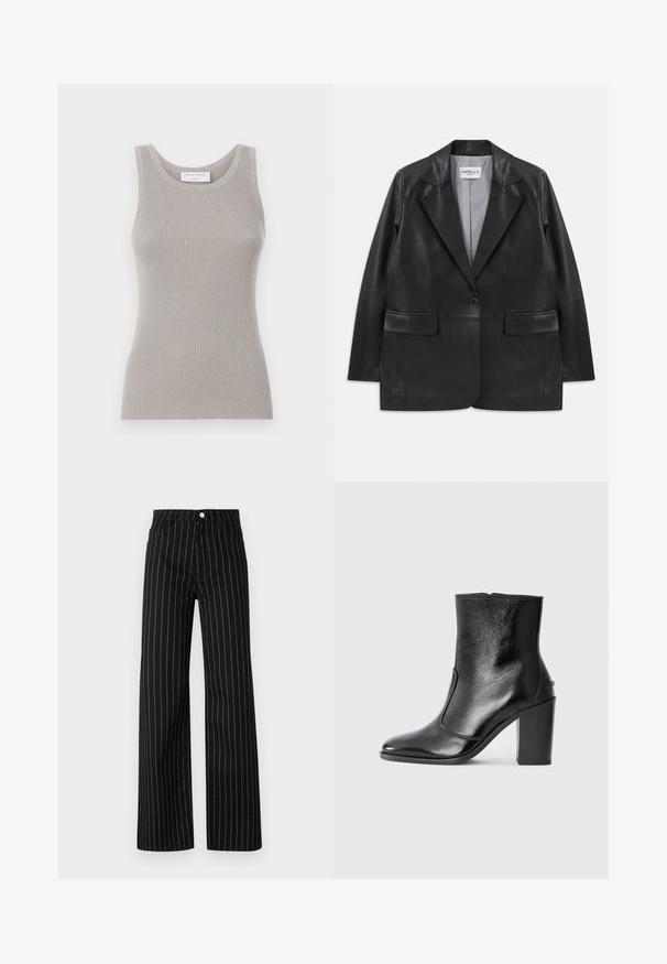 Blazer din piele neagră cu rever în formă de V, închidere cu un singur nasture, buzunare cu clapă și căptușeală în dungi.; Top tank griș cu dungi, cu decolteu rotund și bretele late. Are o textură moale și un design care se formează pe corp. Eticheta mărcii este vizibilă.; Pantaloni negri cu croi larg, cu dungi verticale albastre, având un design clasic cu cinci buzunare și închidere cu nasture în față.; Botină din piele neagră, cu o textură netedă, vârf ascuțit și toc gros, înalt. Dispune de o deschidere laterală și un design minimalist.