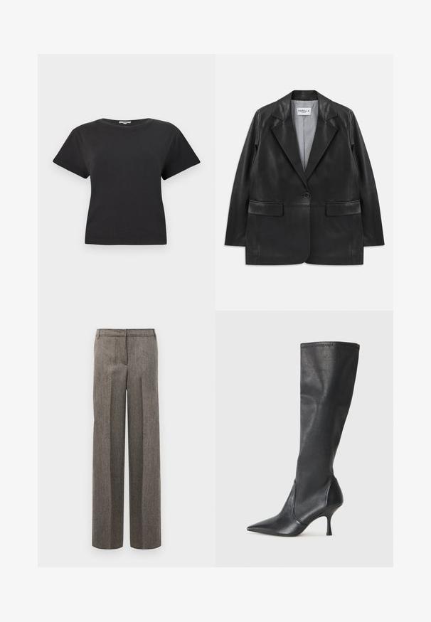 Blazer de cuero negro con solapas de muesca, cierre de un solo botón, bolsillos con solapa y forro interior a rayas.; Camiseta de algodón negra con mangas cortas, escote redondo y un corte relajado. Sin patrones visibles ni detalles de hardware. Textura suave.; Pantalones grises con un diseño a medida, piernas anchas y una textura suave, que presentan una parte delantera plana y cinturilla con pasadores.; Botas de cuero negro hasta la rodilla con punta afilada y tacón de aguja delgado. Textura suave con un diseño ajustado y costuras en el borde superior.