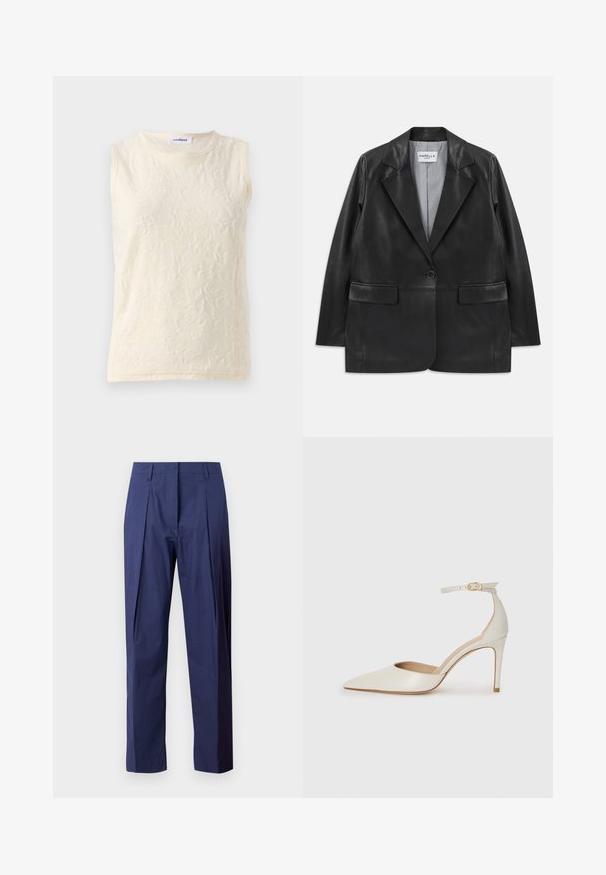 Črni usnjeni blazer z izrezanimi reverji, enojnim gumbom, žepi s poklopcem in črtastim notranjim podlogom.; Majica brez rokavov v svetli smetani, izdelana iz teksturirane tkanine z rožnatim vzorcem. Ima okroglo ovratnik in odkrite šive za podrobnosti.; Temno modre hlače iz lahke tkanine, s ravnim krojem, sprednjimi pregibi in gladko teksturo.; Bela usnjena čevlja na visoki peti z ozkim prstom, trakom okoli gležnja in tanko stiletto peto. Gladka tekstura z rahlim sijočim finišem.