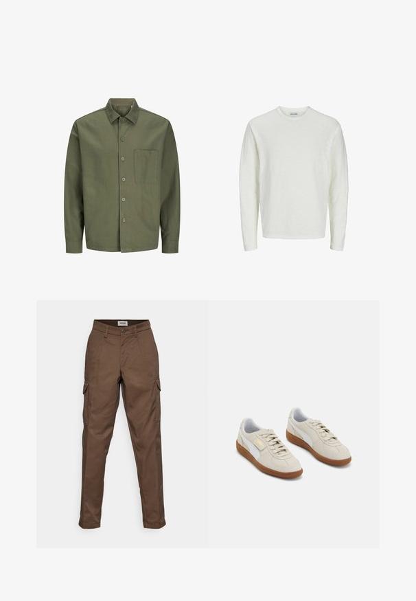 Olive green button-up shirt made of cotton, featuring a collar, front pocket, and long sleeves with buttoned cuffs.; Long-sleeve shirt in off-white, textured fabric. Crew neck design with seamless shoulders and straight hem. No visible patterns or accents.; Brown cargo pants featuring a flat front, two side pockets, and a single cargo pocket on the left leg. Made of durable fabric with a straight leg design.; Beige suede sneakers with white leather accents and brown rubber soles. Features round toe, laces, and a gold logo on the side.