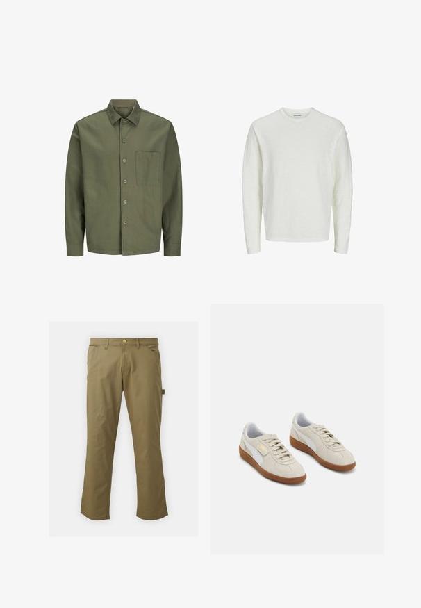 Olivově zelená košile na knoflíky vyrobená z bavlny, s límcem, přední kapsou a dlouhými rukávy s knoflíkovými manžetami.; Dlouhý rukáv, košile v off-white barvě, texturovaná látka. Design s kulatým výstřihem, bezšvové ramena a rovný spodní lem. Žádné viditelné vzory ani akcenty.; Khaki kalhoty z hladkého materiálu, s knoflíkovým zapínáním, poutky na opasek, dvěma předními kapsami a boční kapsou, s rovnými nohavicemi.; Krémové semišové tenisky s bílými koženými detaily a hnědými gumovými podrážkami. Mají kulatou špičku, tkaničky a zlaté logo na boku.