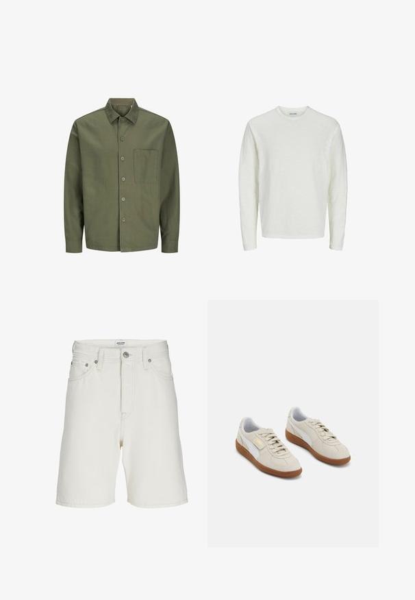 Olive green button-up shirt made of cotton, featuring a collar, front pocket, and long sleeves with buttoned cuffs.; Long-sleeve shirt in off-white, textured fabric. Crew neck design with seamless shoulders and straight hem. No visible patterns or accents.; White denim shorts with a straight cut, featuring a zip fly, five pockets, and metal hardware for closure and accents.; Beige suede sneakers with white leather accents and brown rubber soles. Features round toe, laces, and a gold logo on the side.