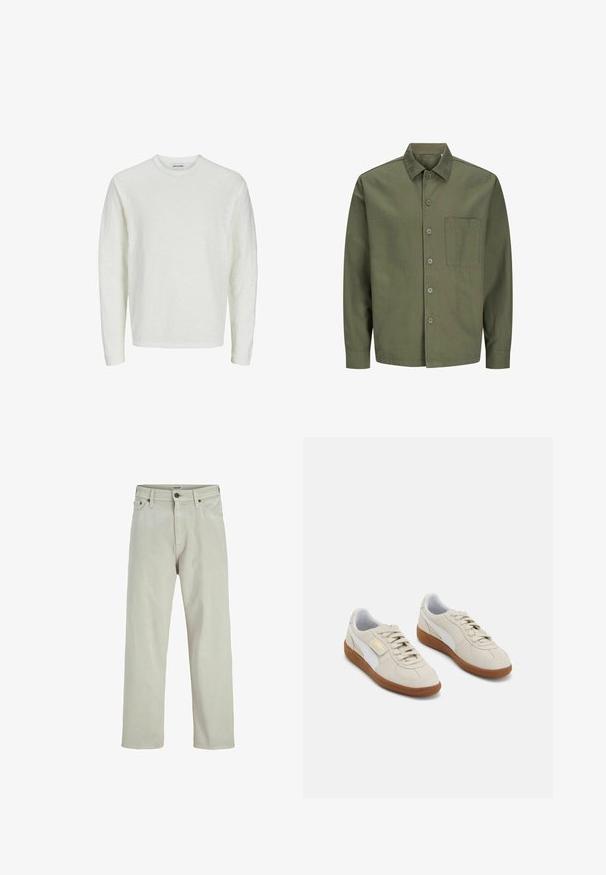 Olivenfarbene Baumwollhemd mit Knopfleiste, Kragen, Brusttasche und langen Ärmeln mit geknöpften Manschetten.; Langärmliges Hemd aus cremefarbener, strukturierter Stoff. Rundhals-Design mit nahtlosen Schultern und geradem Saum. Keine sichtbaren Muster oder Akzente.; Helle beige Denim-Jeans mit geradem Bein, im Fünf-Taschen-Stil, mit einem Knopfverschluss am Bund und minimalen Nähdetails.; Beige Wildleder-Sneaker mit weißen Lederakzenten und braunen Gummisohlen. Sie verfügen über eine runde Zehenpartie, Schnürsenkel und ein goldenes Logo an der Seite.