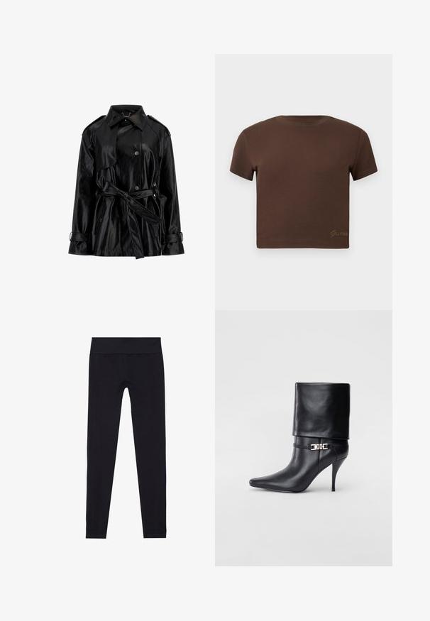 Must be imitation nahk jaheda jope, millel on vöödega talje, nööbid ette, lai krae, õlavarre epauletid ja pandlad mansettide jaoks.; Kohvane lühikeste varrukatega puuvillane cropped T-särk, millel on ümmargune kaelus. Altpoolt on diskreetne kuldne "Guess" logo.; Mustad mustad, millel on lai elastne vöökoht, venivast kangast, millel on sile pind ja keha lähedane disain. Ilma mustriteta.; Mustad nahast pahkluu saapad terava nina, kõrge stilettokanna, volditud äärega ja kuldse dekoratiivse pandlaga pahkluul.