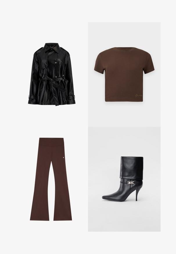 Zwarte faux leren jas met een tailleband, knoopsluiting, brede kraag, schouderepauletten en gespsluitingen aan de mouwen.; Bruine cropped t-shirt van zacht katoen, met korte mouwen en een ronde halslijn. Inclusief subtiel 'Guess' logo in goud aan de onderkant.; Bruine flared broeken van zachte stof, met een brede tailleband, een gladde textuur en een klein logolabel aan de zijkant.; Zwarte leren enkelboot met een spitse neus, hoge stilettohak, opgevouwen manchet en een gouden decoratieve gespdetails op de enkel.