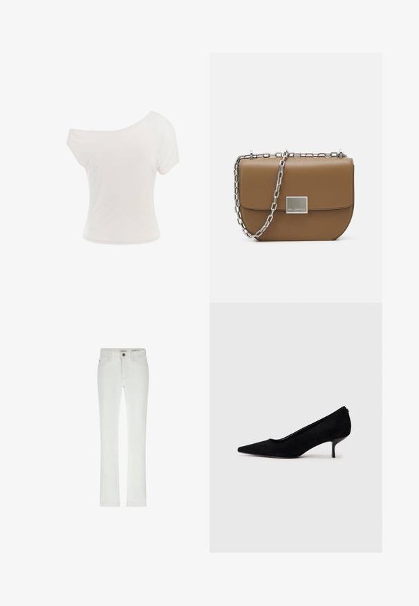 Chaqueta negra de cuero sintético con cintura ajustada por cinturón, cierre de botones en la parte delantera, collar ancho, epaulettes en los hombros y puños con correa de hebilla.; Camiseta blanca sin mangas hecha de un tejido suave y ligero. Manga corta, forma ajustada y detalle de dobladillo enrollado. Textura suave.; Jeans blancos de corte ajustado, diseño de 5 bolsillos y costuras en contraste. Presentan un cierre de botón y una sutil etiqueta de marca en la cinturilla.; Zapato de tacón alto de ante negro con punta afilada y un tacón delgado y bajo. Textura suave con un diseño elegante, sin hardware visible.; Bolso bandolera de piel marrón con forma curva, correa de cadena plateada y detalle de cierre metálico cuadrado en la parte delantera.