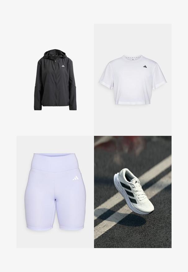 Fekete, könnyű dzseki kapucnival, teljes cipzárral és két oldalsó zsebbel. A mellkason fényvisszaverő logóval és diszkrét díszítésekkel a ujjakon.; Fehér, rövid szabású póló, puha anyagból készült, rövid ujjakkal és kerek nyakkivágással. Fekete logó a bal mellen.; Lila biciknadrág sima, rugalmas anyagból. Magas derék, lapos varrásokkal és egy fehér Adidas logóval a bal oldalon.; Fehér futócipő texturált felsőrészsel, fekete háromsávos dizájnnal, párnázott nyakkal és könnyű talppal, levegőben helyezkedik el egy útfelület felett.