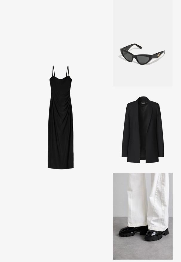 Čierny blazer s prispôsobeným strihom, so špicatými klopami, dvoma prednými vreckami a otvoreným predkom. Vyrobený z hladkej tkaniny so štruktúrovaným tvarom.; Čierne midi šaty s tenkými nastaviteľnými ramienkami, s prekrývajúcim sa dizajnom a hladkou textúrou. Žiadne viditeľné vzory ani zdobenie.; Čierne topánky s hrubou podrážkou a lesklým povrchom, skombinované s bielymi širokými nohavicami. Výrazný hrubý dezén a hladká štruktúra na topánkach.; Slnečné okuliare v tvare mačacích očí s matným čiernym plastovým rámom, tmavými sklami a zlatým logom na bočnej strane. Ostrý dizajn a hladká textúra.; Hnedá kožená crossbody taška s logom, zlatým reťazcom, zipsovým uzáverom a zlatými prvkami. Kompaktnej a obdĺžnikovej forme.
