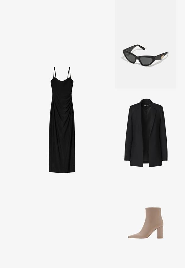 Blazer noir au design ajusté, avec des revers crantés, deux poches avant et une fermeture ouverte. Fabriqué en tissu lisse avec une silhouette structurée.; Robe noire midi avec de fines bretelles réglables, présentant un design drapé et une texture lisse. Pas de motifs ni d'ornementations visibles.; Bottine beige à bout pointu, fabriquée en matériau lisse, dotée d'un talon bloc transparent et d'un design minimaliste.; Lunettes de soleil en œil de chat avec une monture en plastique noir mat, des verres foncés et un accent en or avec le logo sur la branche. Design angulaire et texture lisse.; Sac en cuir brun à bandoulière avec motif logo, bandoulière en chaîne dorée, fermeture éclair et accents de quincaillerie dorée. Forme compacte et rectangulaire.