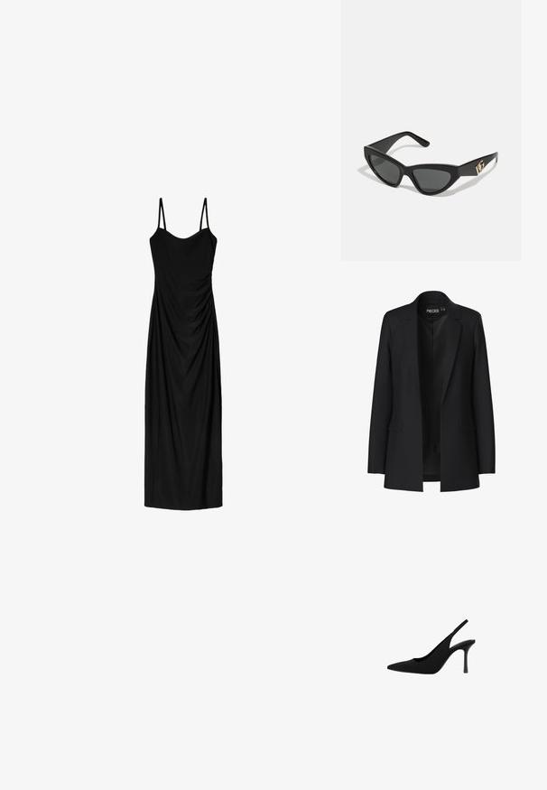 Čierny blazer s prispôsobeným strihom, so špicatými klopami, dvoma prednými vreckami a otvoreným predkom. Vyrobený z hladkej tkaniny so štruktúrovaným tvarom.; Čierne midi šaty s tenkými nastaviteľnými ramienkami, s prekrývajúcim sa dizajnom a hladkou textúrou. Žiadne viditeľné vzory ani zdobenie.; Čierne lodičky na opätku s prednou špičkou, vyrobené z hladkého materiálu. Majú štíhly opätok a výrezy na bokoch pre elegantný siluetu.; Slnečné okuliare v tvare mačacích očí s matným čiernym plastovým rámom, tmavými sklami a zlatým logom na bočnej strane. Ostrý dizajn a hladká textúra.; Hnedá kožená crossbody taška s logom, zlatým reťazcom, zipsovým uzáverom a zlatými prvkami. Kompaktnej a obdĺžnikovej forme.