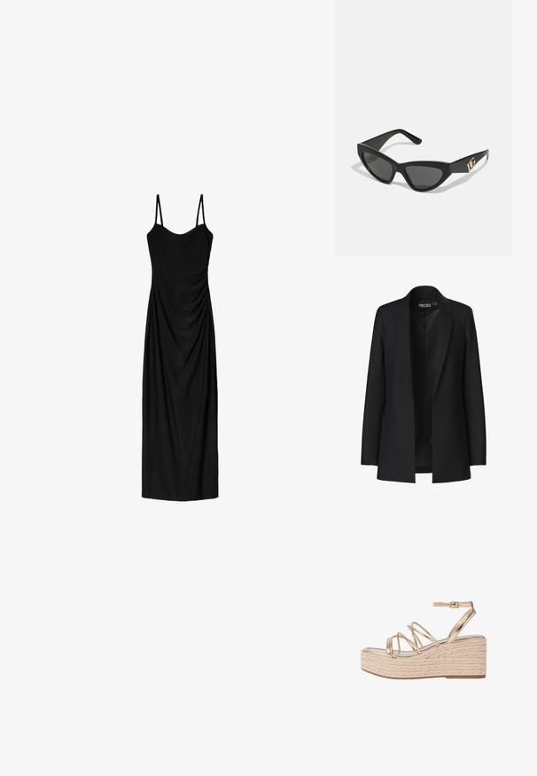 Crni sako s krojenim dizajnom, reverima, dva prednja džepa i otvorenim prednjim dijelom. Izrađen od glatkog materijala sa strukturiranim oblikom.; Crna midi haljina s tankim podesivim trakama, koja ima drapirani dizajn i glatku teksturu. Nema vidljivih uzoraka ili ukrasa.; Zlatne metalik wedge sandale s pletenom jute platformom, koje imaju više tankih trakica i kopču oko gležnja za potporu.; Naočale u obliku mačjih očiju s okvirom od mat crne plastike, tamnim lećama i zlatnim logotipom na sljepočnici. Kutni dizajn i glatka tekstura.; Smeđa kožna torba preko ramena s uzorkom loga, zlatna lanac trakica, zatvaranje na patentni zatvarač i zlatni metalni detalji. Kompaktna i pravokutna forma.