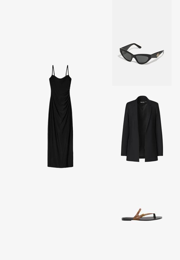 Čierny blazer s prispôsobeným strihom, so špicatými klopami, dvoma prednými vreckami a otvoreným predkom. Vyrobený z hladkej tkaniny so štruktúrovaným tvarom.; Čierne midi šaty s tenkými nastaviteľnými ramienkami, s prekrývajúcim sa dizajnom a hladkou textúrou. Žiadne viditeľné vzory ani zdobenie.; Hnedé kožené šľapky s zlatou sponou, plochou čiernou podrážkou a minimalistickým dizajnom, s hladkou textúrou.; Slnečné okuliare v tvare mačacích očí s matným čiernym plastovým rámom, tmavými sklami a zlatým logom na bočnej strane. Ostrý dizajn a hladká textúra.; Hnedá kožená crossbody taška s logom, zlatým reťazcom, zipsovým uzáverom a zlatými prvkami. Kompaktnej a obdĺžnikovej forme.