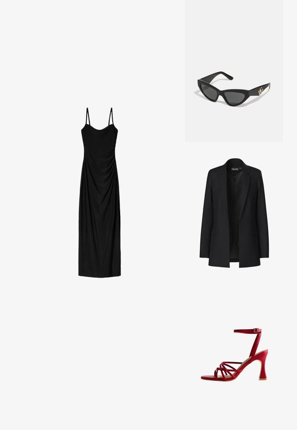 Zwarte blazer met een op maat gemaakt ontwerp, klepjes met een notched design, twee voorkwagendockets en een open voorkant. Gemaakt van gladde stof met een gestructureerde vorm.; Zwart midi-jurk met dunne verstelbare bandjes, voorzien van een gedrapeerd ontwerp en een gladde textuur. Geen zichtbare patronen of versieringen.; Rode sandaal met hoge hak en een strak ontwerp, met kruislingse banden, een enkelbandje met een gesp en een getextureerde hak.; Cat-eye zonnebrillen met een matte zwart plastic frame, donkere lenzen en een gouden logo-accent op de poot. Hoekig ontwerp en een soepele textuur.; Bruin leren schoudertas met logo-patroon, gouden kettingband, ritsluiting en gouden hardwareaccenten. Compacte en rechthoekige vorm.