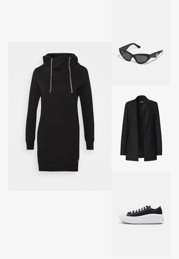 Zwarte blazer met een op maat gemaakt ontwerp, klepjes met een notched design, twee voorkwagendockets en een open voorkant. Gemaakt van gladde stof met een gestructureerde vorm.; ONLY ONLBETTE - Jurk - black; Zwarte canvas sneakers met witte veters, een witte rubberen teenkap en een chunky witte tussenzool. Bevat subtiele witte stiksels en een gumzool.; Cat-eye zonnebrillen met een matte zwart plastic frame, donkere lenzen en een gouden logo-accent op de poot. Hoekig ontwerp en een soepele textuur.