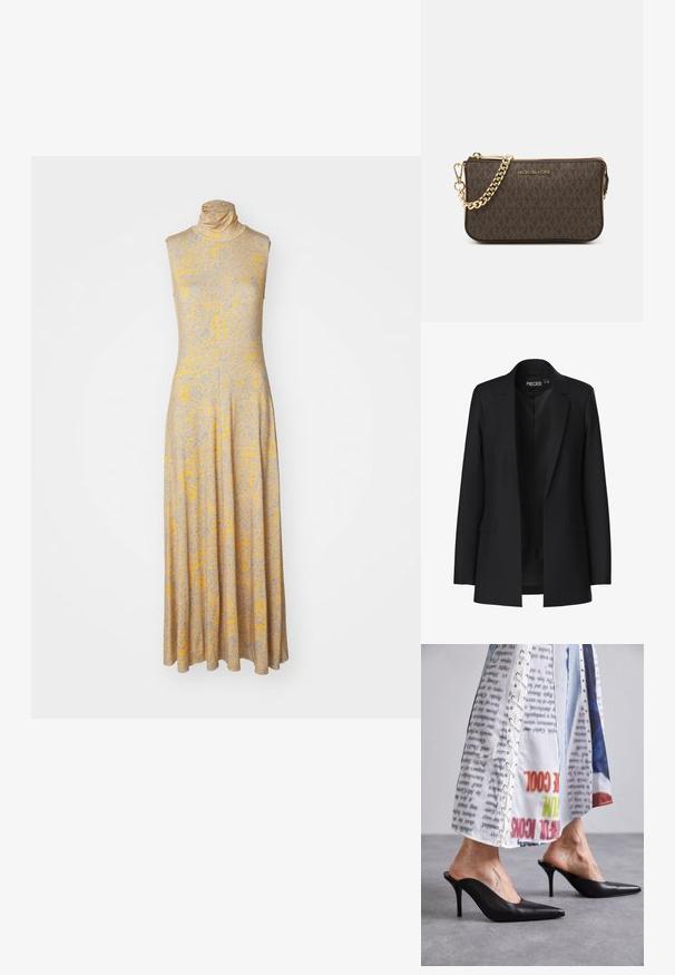 Jachetă neagră cu un design ajustat, cu rever în formă de v și două buzunare frontale, având un front deschis. Fabricată dintr-un material neted cu o formă structurată.; Rochie fără mâneci, cu gât înalt, dintr-un material gri deschis cu modele florale galbene și albastre; fustă lungă, evazată, cu o textură netedă.; Muli negri din piele cu vârful ascuțit și toc stiletto, asortați cu o îmbrăcăminte albă cu un model care dispune de detalii cu șireturi.; Geantă de umăr din piele maro, cu model logo, curea cu lanț aurit, închidere cu fermoar și accente aurii. Formă compactă și rectangulară.