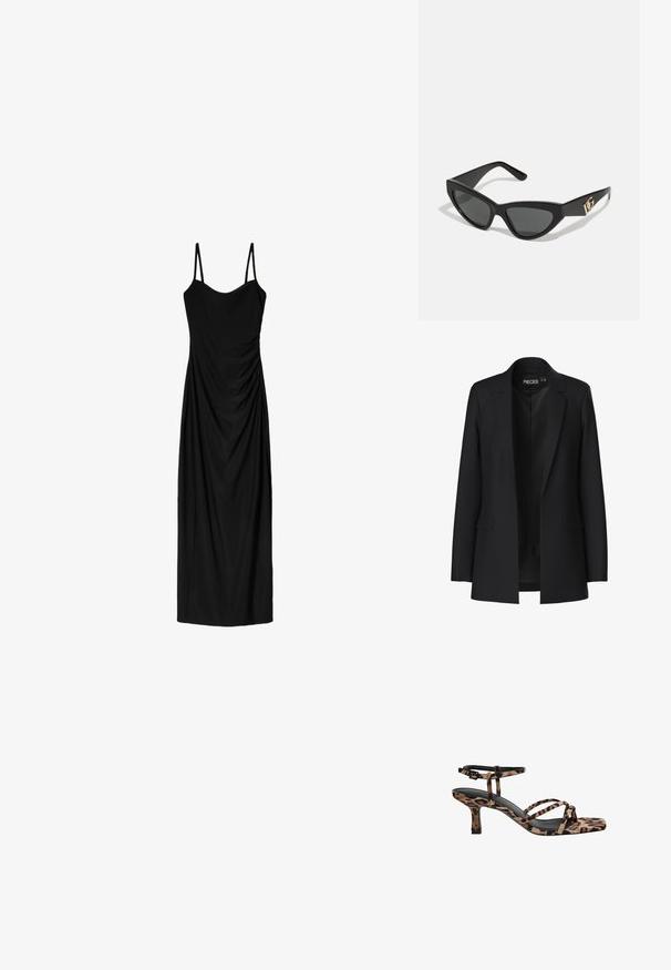 Černý blejzr s propracovaným designem, se špičatými klopami, dvěma předními kapsami a otevřeným předním dílem. Vyrobený z hladké látky se strukturovaným tvarem.; Černé midi šaty s tenkými nastavitelnémi ramínky, s draped designem a hladkou texturou. Žádné viditelné vzory nebo ozdoby.; Sandály na podpatku s leopardím vzorem, čtveratou špičkou, více popruhy a středně vysokým podpatkem. Vyrobeno z měkkého textilního materiálu.; Sunglasses ve tvaru kočičích očí s matným černým plastovým rámem, tmavými skly a zlatým logem na stranu. Úhlový design a hladká textura.; Hnědá kožená crossbody taška s logem, zlatým řetízkem, zipovým uzávěrem a zlatými akcenty. Kompaktní a obdélníkový tvar.