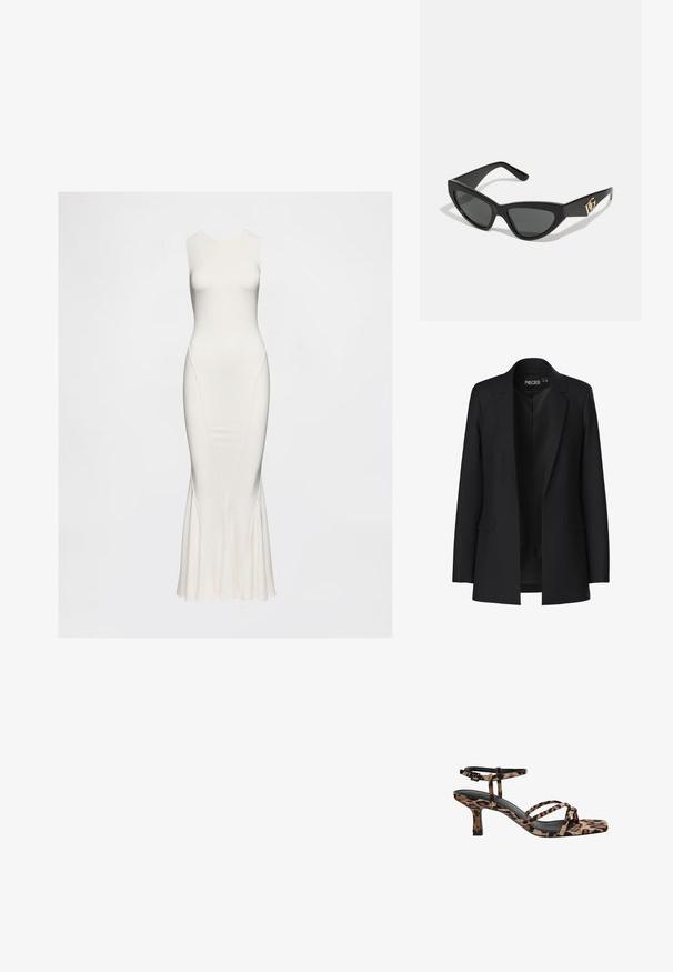 Fekete zakó, igényes szabással, sarkított hajtókákkal, két elülső zsebbel és nyitott elejével. Simaszerű anyagból készült, jól formált fazonnal.; Ujjatlan fehér ruha sima anyagból. Fitt felsőrész és enyhén bővülő szoknyarész jellemzi, finom oldalvarrásokkal. Hosszú és elegáns sziluett.; Leopárdmintás, négyzetes orrú magassarkú szandál, több pánttal és közepes magasságú sarkával. Puha textilből készült.; Macska szemformájú napszemüveg matt fekete műanyag kerettel, sötét lencsékkel és arany logóval a szárán. Szögletes kialakítás és sima felület.; Barna bőr keresztpántos táska logómintával, arany láncos pánttal, cipzáras záródással és arany fémkiegészítőkkel. Kompakt és téglalap alakú dizájn.