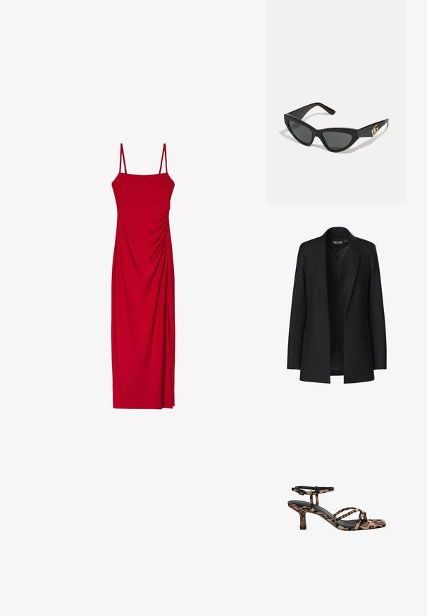 Fekete zakó, igényes szabással, sarkított hajtókákkal, két elülső zsebbel és nyitott elejével. Simaszerű anyagból készült, jól formált fazonnal.; Piros, ujjatlan ruha, spagettipántokkal, amely testhez simuló sziluettel és oldalán redőzött részletekkel rendelkezik a textúra és a vizuális érdekesség érdekében.; Leopárdmintás, négyzetes orrú magassarkú szandál, több pánttal és közepes magasságú sarkával. Puha textilből készült.; Macska szemformájú napszemüveg matt fekete műanyag kerettel, sötét lencsékkel és arany logóval a szárán. Szögletes kialakítás és sima felület.; Michael Kors bézs bevonatos vászon karkötő, amely ismétlődő MK logó mintával, aranyszínű fémrészletekkel és levehető lánchordóval rendelkezik.