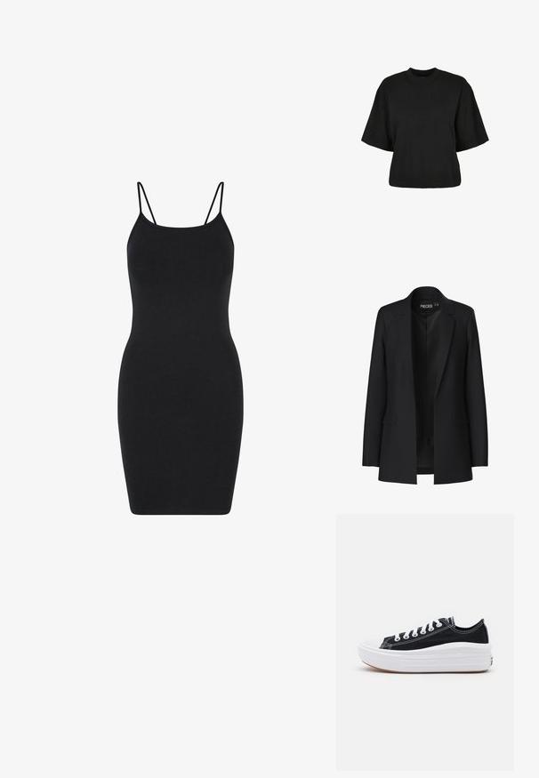 Czarna marynarka o dopasowanym kroju, z klapami, dwiema przednimi kieszeniami i otwartym przodem. Wykonana z gładkiego materiału o wyraźnie zarysowanym kształcie.; Czarna sukienka bez rękawów z cienkimi ramiączkami, dopasowany krój, wykonana z gładkiego materiału, do kolan, o prostym, nieozdobionym stylu.; Czarny krótki t-shirt wykonany z bawełny. Posiada krótkie rękawy i okrągły dekolt. Gładka tekstura z prostym wzornictwem, bez dodatkowych wzorów.; Czarne płócienne tenisówki z białymi sznurowadłami, białą gumową czapeczką na palcach i masywną białą podeszwą. Mają subtelne białe przeszycia i gumową podeszwę.