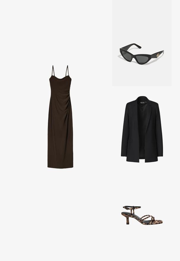 Schwarzes Blazer mit taillierter Passform, Eingrifftaschen und offenem Front. Hergestellt aus glattem Stoff mit strukturierter Form.; Braunes, ärmelloses Midikleid mit dünnen Trägern, das entlang der Vorderseite mit Raffung versehen ist und aus einem glatten, fließenden Stoff gefertigt wurde.; Leopardenmuster Absatzsandalen mit Quadratzehen, mehreren Riemen und einem mittelhohen Absatz. Hergestellt aus weichem Textilmaterial.; Cat-Eye-Sonnenbrille mit mattem schwarzen Kunststoffrahmen, dunklen Gläsern und einem goldenen Logoplatz auf dem Bügel. Winkeliges Design und glatte Oberfläche.; Braune Leder-Crossbody-Tasche mit Logo-Muster, goldener Kettenriemen, Reißverschlussverschluss und goldenen Hardware-Details. Kompakte und rechteckige Form.