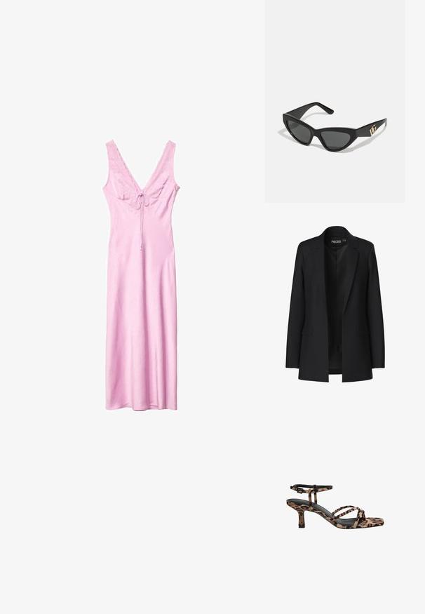 Schwarzes Blazer mit taillierter Passform, Eingrifftaschen und offenem Front. Hergestellt aus glattem Stoff mit strukturierter Form.; Rosa, ärmelloses Maxikleid mit V-Ausschnitt, Spitzenbesatz und einer Schleifenlapel-Detail vorne. Hergestellt aus einem glatten, strukturierten Stoff.; Leopardenmuster Absatzsandalen mit Quadratzehen, mehreren Riemen und einem mittelhohen Absatz. Hergestellt aus weichem Textilmaterial.; Cat-Eye-Sonnenbrille mit mattem schwarzen Kunststoffrahmen, dunklen Gläsern und einem goldenen Logoplatz auf dem Bügel. Winkeliges Design und glatte Oberfläche.; Braune Leder-Crossbody-Tasche mit Logo-Muster, goldener Kettenriemen, Reißverschlussverschluss und goldenen Hardware-Details. Kompakte und rechteckige Form.