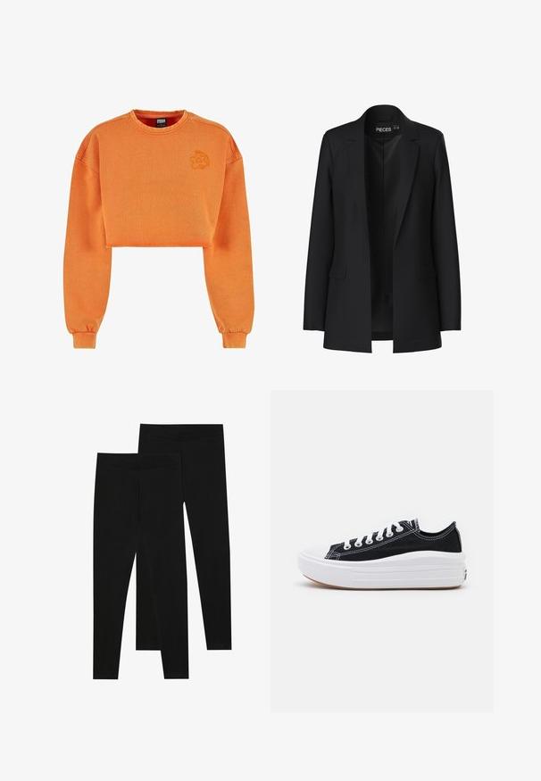 Juodas švarkas su pritaikyta dizainu, įpjautais atvartais, dviem priekinių kišenėmis ir atvira priekine dalimi. Pagaminta iš lygios medžiagos, su tvirtu siluetu.; Trumpas oranžinis džemperis iš tekstūruotos medžiagos, su ilgomis rankovėmis ir apvaliu iškirpimu. Siuvinėtas logotipas ant krūtinės.; Juodos leggingai, pagaminti iš tamprių audinių, su besiūle talija ir lieknu siluetu, tinkami kasdieniam dėvėjimui arba mankštai.; Juodi drobės sportbačiai su baltais raišteliais, balta guma ant pirštų ir masyvi balta vidurine dalimi. Yra subtilių baltų siūlių ir guminis padas.