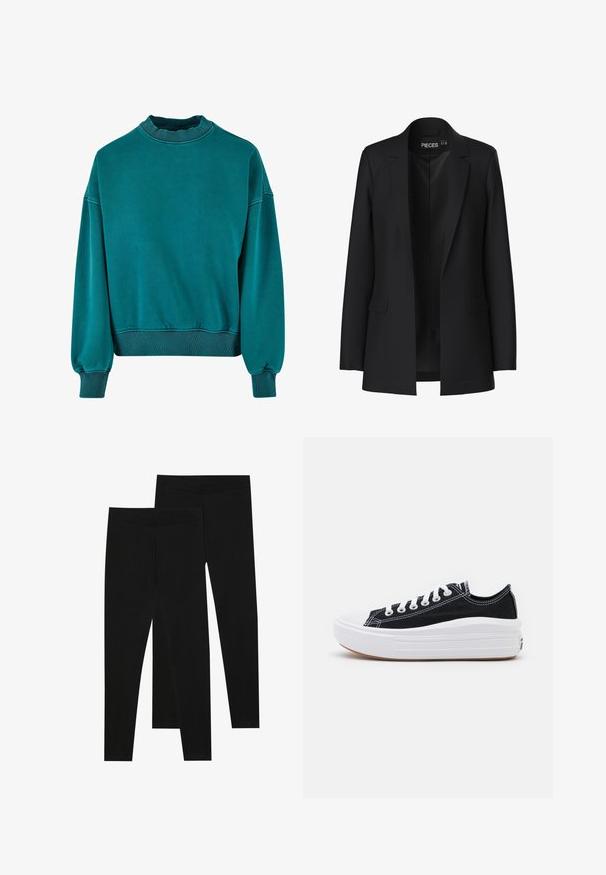 Fekete zakó, igényes szabással, sarkított hajtókákkal, két elülső zsebbel és nyitott elejével. Simaszerű anyagból készült, jól formált fazonnal.; Türkiz színű pulóver, kerek nyakkivágással, bordázott mandzsettákkal és alsó szegéllyel. Puha anyagból készült, sima textúrájú és laza fazonú.; Fekete leggings rugalmas anyagból, varrat nélküli derékkal és karcsú szabással, alkalmas hétköznapi viseletre vagy edzésre.; Fekete vászon sportcipők fehér fűzővel, fehér gumi orral és vastag fehér középtalppal. Finom fehér varrással és gumi talppal rendelkezik.