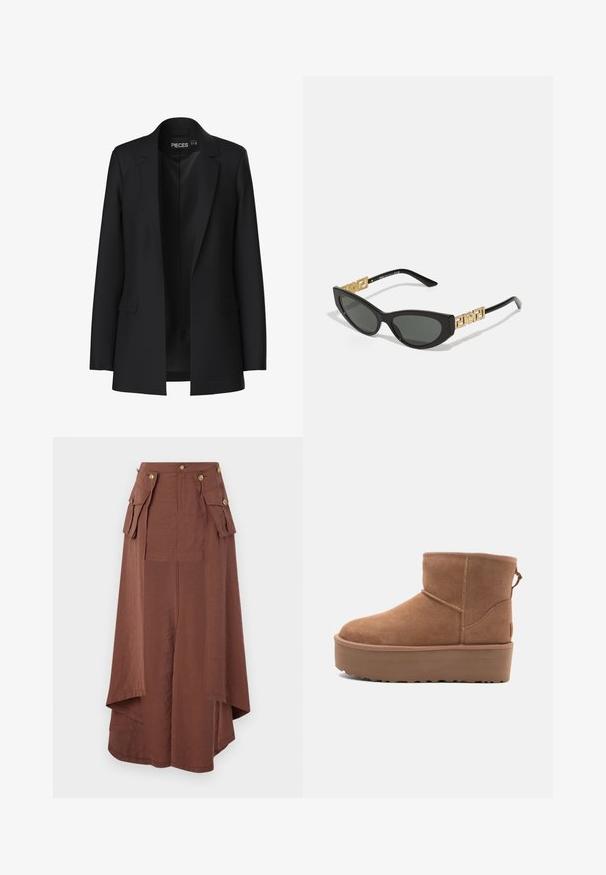 Čierny blazer s prispôsobeným strihom, so špicatými klopami, dvoma prednými vreckami a otvoreným predkom. Vyrobený z hladkej tkaniny so štruktúrovaným tvarom.; Dvoje dlhých rolákov, jeden biely a jeden čierny, vyrobených z hladkej, elastickej tkaniny, obidva so slim-fit strihom a vysokými goliermi.; Versace Jeans Couture Maxisukňa - allodola; Hnedé semišové členkové čižmy s platformou, okrúhlou špičkou a zdobením stehov; majú slučku zozadu pre jednoduché obúvanie.; Čierne slnečné okuliare v štýle mačacích očí s tmavými šošovkami, ktoré majú zlaté geometrické akcenty na straniciach a elegantný matný povrch.