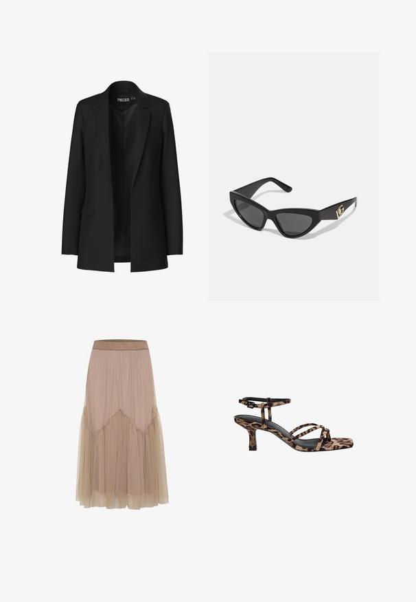 Čierny blazer s prispôsobeným strihom, so špicatými klopami, dvoma prednými vreckami a otvoreným predkom. Vyrobený z hladkej tkaniny so štruktúrovaným tvarom.; Dvoje dlhých rolákov, jeden biely a jeden čierny, vyrobených z hladkej, elastickej tkaniny, obidva so slim-fit strihom a vysokými goliermi.; Dlhá béžová Sukňa z jemnej, ľahkej tkaniny. Tylová vrstva má volánové okraje, ktoré vytvárajú vrstvenú textúru a siluetu do A.; Sandále na podpätku s leopardím vzorom, s hranatou špičkou, viacerými popruhmi a stredne vysokým podpätkom. Vyrobené z mäkkého textilného materiálu.; Slnečné okuliare v tvare mačacích očí s matným čiernym plastovým rámom, tmavými sklami a zlatým logom na bočnej strane. Ostrý dizajn a hladká textúra.; Hnedá kožená crossbody taška s logom, zlatým reťazcom, zipsovým uzáverom a zlatými prvkami. Kompaktnej a obdĺžnikovej forme.