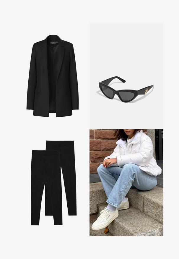 Fekete zakó, igényes szabással, sarkított hajtókákkal, két elülső zsebbel és nyitott elejével. Simaszerű anyagból készült, jól formált fazonnal.; Két hosszú ujjú garbó felső, az egyik fehér, a másik fekete, sima, rugalmas anyagból készült, mindkettő karcsú szabású és magas nyakú.; Fekete leggings rugalmas anyagból, varrat nélküli derékkal és karcsú szabással, alkalmas hétköznapi viseletre vagy edzésre.; Fehér puffernadrág magas nyakkal, világoskék farmernadrág és fehér Reebok sportcipő. A háttérben textúrált kőlépcsők.; Macska szemformájú napszemüveg matt fekete műanyag kerettel, sötét lencsékkel és arany logóval a szárán. Szögletes kialakítás és sima felület.