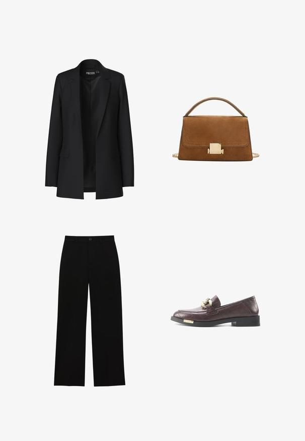Crni sako s krojenim dizajnom, reverima, dva prednja džepa i otvorenim prednjim dijelom. Izrađen od glatkog materijala sa strukturiranim oblikom.; Dvije majice s dugim rukavima i visokim ovratnicima, jedna bijela i jedna crna, izrađene su od glatkog, rastezljivog materijala, a obje imaju uski kroj.; Crne, visoko strukirane, široke hlače napravljene od glatkog materijala, s ravnim prednjim dijelom, kopčanjem na dugme i bez vidljivih džepova.; Bordo kožne loaferice s teksturiranim uzorkom krokodila, s zlatnim metalnim detaljem i niskim crnim blok petama.; Smeđa suđena torbica s zlatnim kvadratnim kopčanjem, gornjom ručkom i lančanim remenom. Ima pravokutni oblik i zaobljene ivice.