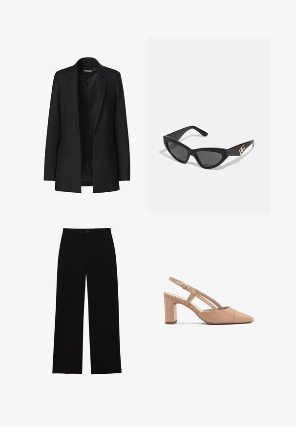 Fekete zakó, igényes szabással, sarkított hajtókákkal, két elülső zsebbel és nyitott elejével. Simaszerű anyagból készült, jól formált fazonnal.; Két hosszú ujjú garbó felső, az egyik fehér, a másik fekete, sima, rugalmas anyagból készült, mindkettő karcsú szabású és magas nyakú.; Fekete, magasan ülepelt, bő szárú nadrág sima anyagból, lapos elejű, gombos záródással, látható zsebek nélkül.; Beige bőr slingback sarkak hegyes orral, blokksarkal és kis arany csattal rendelkező pánttal. Sima felület, minimális design.; Macska szemformájú napszemüveg matt fekete műanyag kerettel, sötét lencsékkel és arany logóval a szárán. Szögletes kialakítás és sima felület.; Barna bőr keresztpántos táska logómintával, arany láncos pánttal, cipzáras záródással és arany fémkiegészítőkkel. Kompakt és téglalap alakú dizájn.