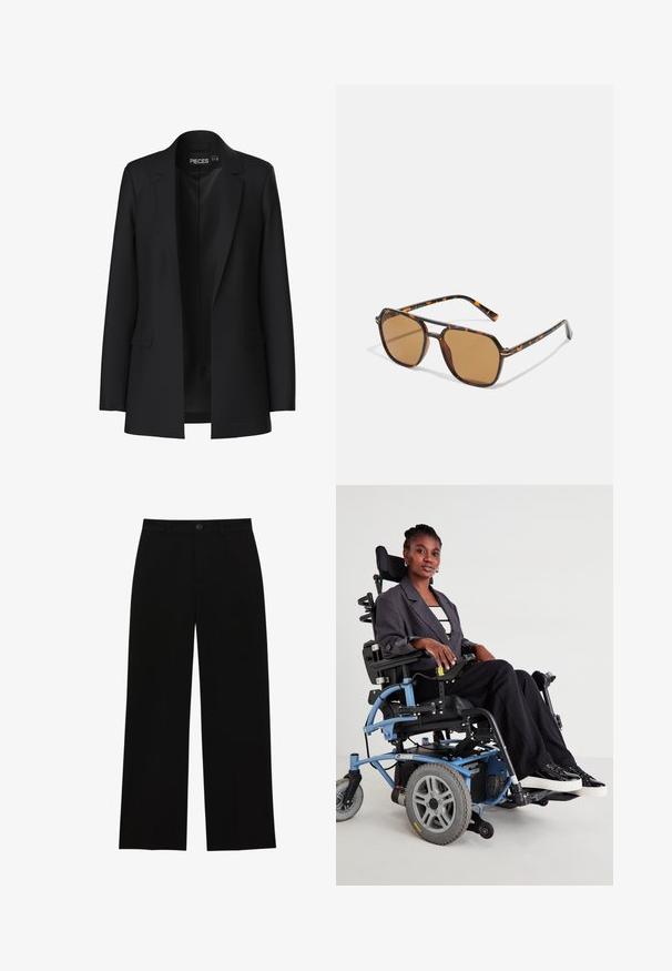 Crni sako s krojenim dizajnom, reverima, dva prednja džepa i otvorenim prednjim dijelom. Izrađen od glatkog materijala sa strukturiranim oblikom.; Dvije majice s dugim rukavima i visokim ovratnicima, jedna bijela i jedna crna, izrađene su od glatkog, rastezljivog materijala, a obje imaju uski kroj.; Crne, visoko strukirane, široke hlače napravljene od glatkog materijala, s ravnim prednjim dijelom, kopčanjem na dugme i bez vidljivih džepova.; Električna invalidska kolica s plavim okvirom, crnim sjedalom i sivim kotačima. Korisnik nosi sivi sako i crne prugaste hlače, sjedi samouvjereno.; Smešane smeđe sunčane naočale s okvirima od kornjačevine, pravokutnim staklima i tankim potezima sa narančastim uzorkom.