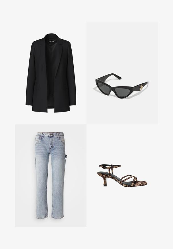 Svart kavaj med skräddarsydd design, slagkrage, två framfickor och öppen front. Tillverkad av ett slätt tyg med en strukturerad form.; Två långärmade polotröjor, en vit och en svart, tillverkade av ett mjukt, elastiskt material, båda med en slim-fit design och höga kragar.; Misslyckades med att generera alt-text; Sandaler med klack i leopardmönster och fyrkantig tå, flera remmar och medelhög klack. Tillverkade av mjukt textilmaterial.; Kattögon-solglasögon med en matt svart plastbåge, mörka linser och en guldlogotyp som accent på skalmen. Vinklad design och jämn yta.; Brun läder crossbody-väska med logomönster, guldkedjestropp, dragkedjestängning och detaljer i guld. Kompakt och rektangulär form.