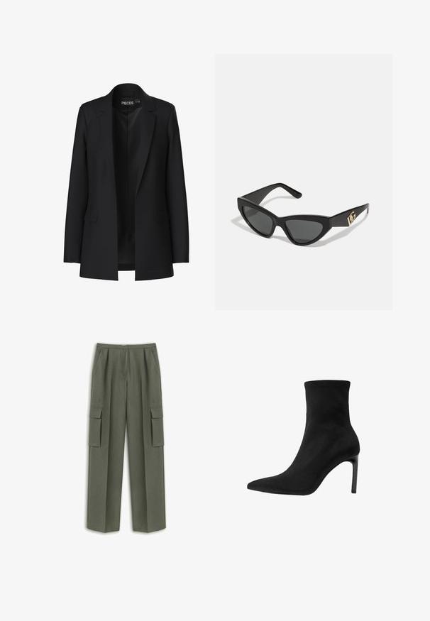 Black blazer with a tailored design, notched lapels, two front pockets, and an open front. Made of smooth fabric with a structured shape.; Two long-sleeve turtleneck tops, one white and one black, made of a smooth, stretchy fabric, both featuring slim-fitting design and high collars.; Green cargo pants with a straight fit, featuring two large side pockets and a textured fabric. Pleated front detail enhances structure.; Black ankle boot made of smooth suede, featuring a pointed toe and a high stiletto heel. Sleek, minimalist design without embellishments.; Cat-eye sunglasses with a matte black plastic frame, dark lenses, and a gold logo accent on the temple. Angular design and smooth texture.; Brown suede handbag with a gold square clasp, top handle, and chain strap. Features a rectangular shape and rounded edges.