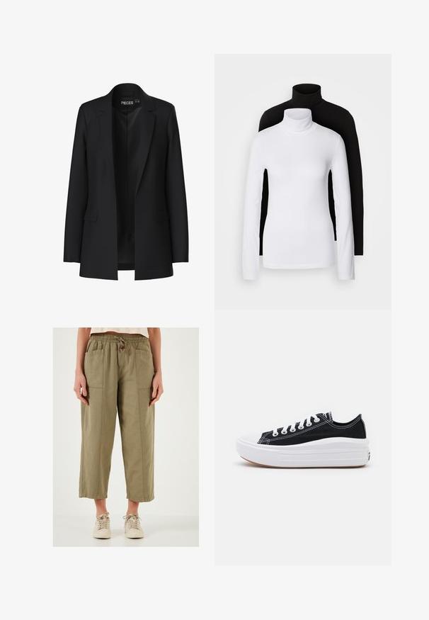 Černý blejzr s propracovaným designem, se špičatými klopami, dvěma předními kapsami a otevřeným předním dílem. Vyrobený z hladké látky se strukturovaným tvarem.; Dvě dlouhé rolákové topy, jeden bílý a jeden černý, vyrobené z hladkého, elastického materiálu, oba s přiléhavým střihem a vysokými límci.; Světle olivově zelené zkrácené kalhoty vyrobené z texturované tkaniny, s elastickým pasem a předními kapsami. V kombinaci s béžovými teniskami.; Černé plátěné tenisky s bílými tkaničkami, bílým gumovým špičkovým krytem a masivní bílou střední podrážkou. Mají jemné bílé švy a gumovou podešev.