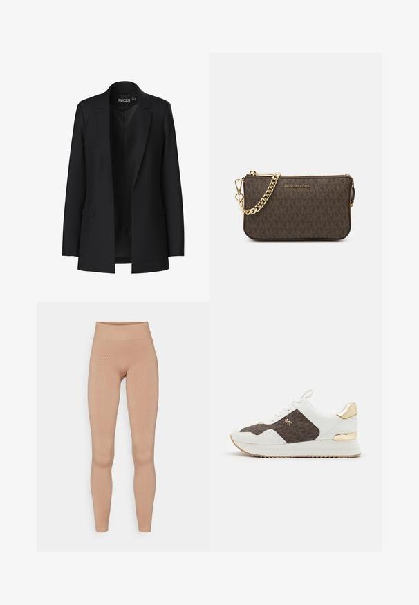 Čierny blazer s prispôsobeným strihom, so špicatými klopami, dvoma prednými vreckami a otvoreným predkom. Vyrobený z hladkej tkaniny so štruktúrovaným tvarom.; Dvoje dlhých rolákov, jeden biely a jeden čierny, vyrobených z hladkej, elastickej tkaniny, obidva so slim-fit strihom a vysokými goliermi.; Nohavicové legíny v nude farbe s textúrovaným diamantovým vzorom a vysokým elastickým pásom pre lepšiu podporu a pohodlie.; Biele tenisky s hnedým vzorovaným textilným panelom, zlaté kovové detaily, okrúhla špička, šnurovací dizajn a textúrovaná gumová podrážka.; Hnedá kožená crossbody taška s logom, zlatým reťazcom, zipsovým uzáverom a zlatými prvkami. Kompaktnej a obdĺžnikovej forme.