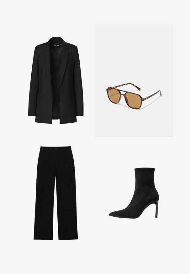 Čierny blazer s prispôsobeným strihom, so špicatými klopami, dvoma prednými vreckami a otvoreným predkom. Vyrobený z hladkej tkaniny so štruktúrovaným tvarom.; Dvoje dlhých rolákov, jeden biely a jeden čierny, vyrobených z hladkej, elastickej tkaniny, obidva so slim-fit strihom a vysokými goliermi.; Čierne, vysoké, široké nohavice z hladkej látky, s plochým predným dielom, zapínaním na gombík a bez viditeľných vreciek.; Čierne členkové čižmy vyrobené z hladkej semišovej kože, s špicatou špičkou a vysokým ihlovým podpätkom. Plynulý, minimalistický dizajn bez ozdôb.; Hnedé slnečné okuliare s rámom z korytnačiny, obdĺžnikové šošovky a štíhle nožičky s oranžovým akcentom.; Hnedá semišová kabelka so zlatým štvorcovým uzávery, hornou rukoväťou a reťazovým popruhom. Má obdĺžnikový tvar a zaoblené okraje.