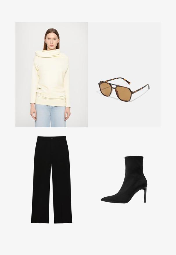 Čierny blazer s prispôsobeným strihom, so špicatými klopami, dvoma prednými vreckami a otvoreným predkom. Vyrobený z hladkej tkaniny so štruktúrovaným tvarom.; Dlhý rukáv, top s prekladaným golierom v jemne žltej látke, so voľným strihom a splývavým dizajnom, skombinovaný so svetlomodrými džínami.; Čierne, vysoké, široké nohavice z hladkej látky, s plochým predným dielom, zapínaním na gombík a bez viditeľných vreciek.; Čierne členkové čižmy vyrobené z hladkej semišovej kože, s špicatou špičkou a vysokým ihlovým podpätkom. Plynulý, minimalistický dizajn bez ozdôb.; Hnedé slnečné okuliare s rámom z korytnačiny, obdĺžnikové šošovky a štíhle nožičky s oranžovým akcentom.; Hnedá semišová kabelka so zlatým štvorcovým uzávery, hornou rukoväťou a reťazovým popruhom. Má obdĺžnikový tvar a zaoblené okraje.