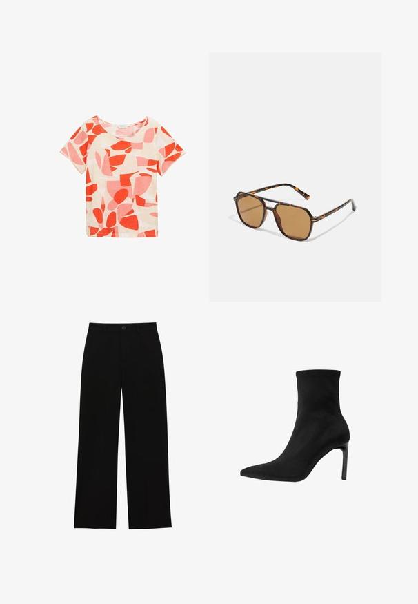 Blazer nero con un design su misura, colletto a revers, due tasche frontali e apertura frontale. Realizzato in tessuto liscio con una forma strutturata.; Camicia a maniche corte con scollo a barca, realizzata in tessuto leggero. Presenta uno sfondo bianco con forme e motivi astratti rossi e rosa.; Pantaloni neri a vita alta, a gamba larga, realizzati in un tessuto morbido, con davanti piatto, chiusura con bottone e senza tasche visibili.; Stivale alla caviglia nero in suede liscio, con punta appuntita e alto tacco a stiletto. Design elegante e minimalista senza decorazioni.; Occhiali da sole marroni con montatura in tartaruga, lenti rettangolari e aste sottili con motivo arancione.; Borsa in suede marrone con una chiusura quadrata dorata, manico superiore e tracolla a catena. Presenta una forma rettangolare e angoli arrotondati.