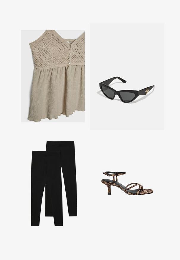 Crni sako s krojenim dizajnom, reverima, dva prednja džepa i otvorenim prednjim dijelom. Izrađen od glatkog materijala sa strukturiranim oblikom.; Svijetlo bež haljina s teksturiranim kukičanim korzetom i nabranom suknjom. Djelovi su s dugmićima i valovitim rubom. Mekani, lepršavi materijal.; Crne tajice napravljene od rastezljivog materijala, s bešavnom elastikom i uskim krojem, prikladne za svakodnevno nošenje ili vježbanje.; Sandal na visokoj peti s leopard uzorkom, kvadratnim vrhom, višestrukim trakama i srednjom petom. Napravljen od mekanog tekstilnog materijala.; Naočale u obliku mačjih očiju s okvirom od mat crne plastike, tamnim lećama i zlatnim logotipom na sljepočnici. Kutni dizajn i glatka tekstura.; Smeđa kožna torba preko ramena s uzorkom loga, zlatna lanac trakica, zatvaranje na patentni zatvarač i zlatni metalni detalji. Kompaktna i pravokutna forma.